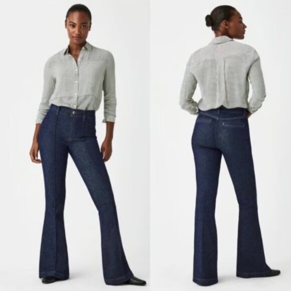 SPANX Pintuck Seamed Leg Flare Jeans in Raw Indigo Size LARGE PETITE - Picture 3 of 11
